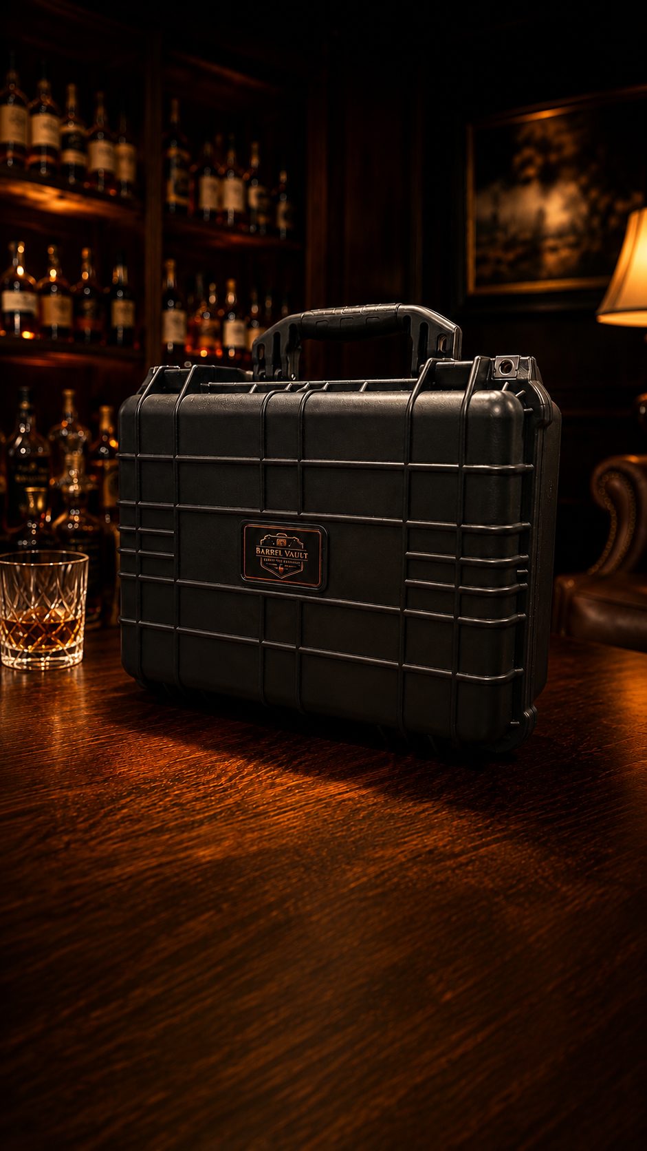 Barrel Vault case closed, showing the branded badge