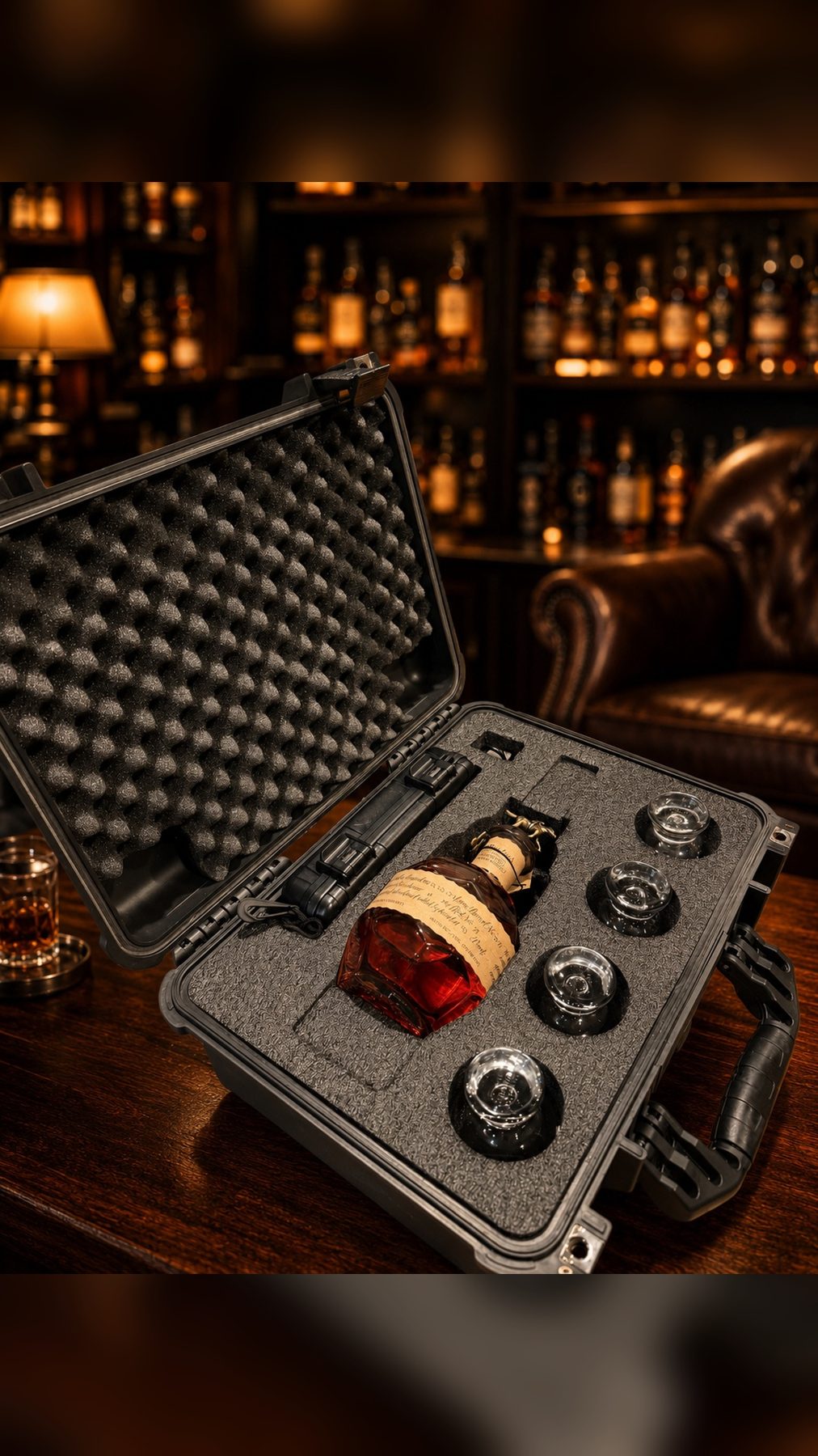 Barrel Vault open, holding a bottle and glassware