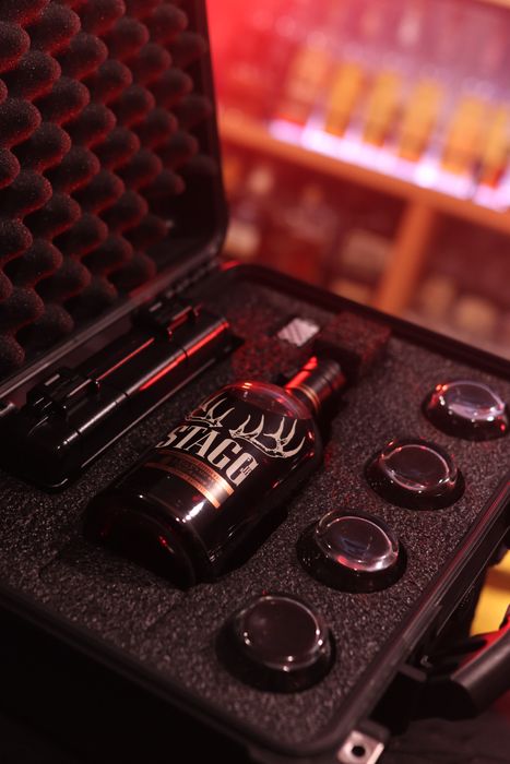 Barrel Vault case fitted with a whiskey bottle