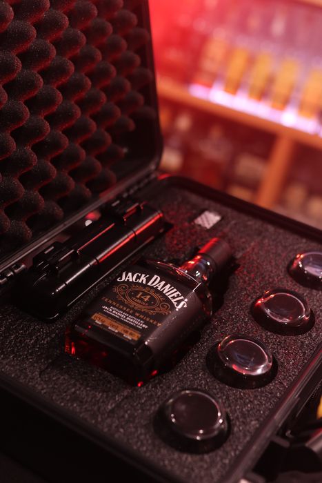 Barrel Vault case fitted with a whiskey bottle