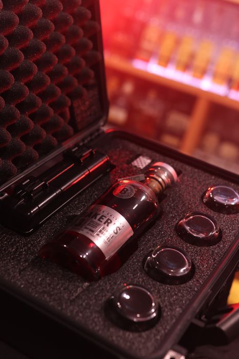 Barrel Vault case fitted with a whiskey bottle